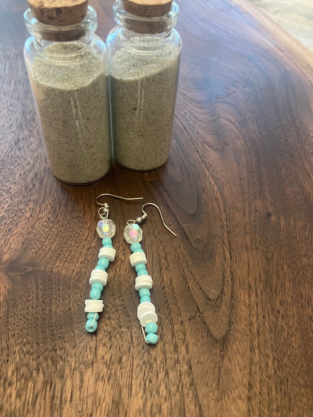 Seafoam and white beaded dangle earrings with a pearl